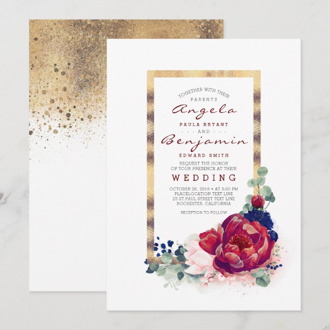 Invitación Borgoña y Boda del marco dorado floral azul de la  (Anverso / Reverso)