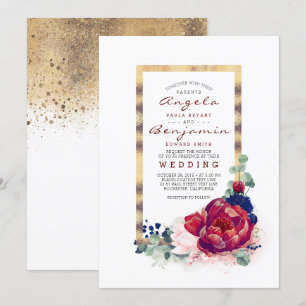 Invitación Borgoña y Boda del marco dorado floral azul de la 