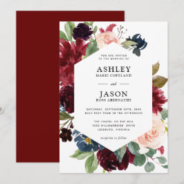 Invitación Borgoña y Boda floral acuarela azul de la marina