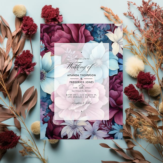 Invitación Borgoña y Boda floral azul turbio (Subido por el creador)