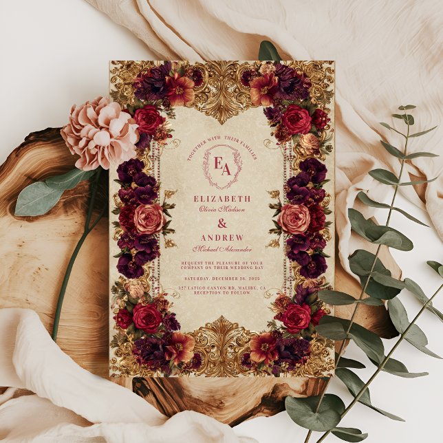 Invitación Borgoña y Boda floral barroco dorado (Subido por el creador)
