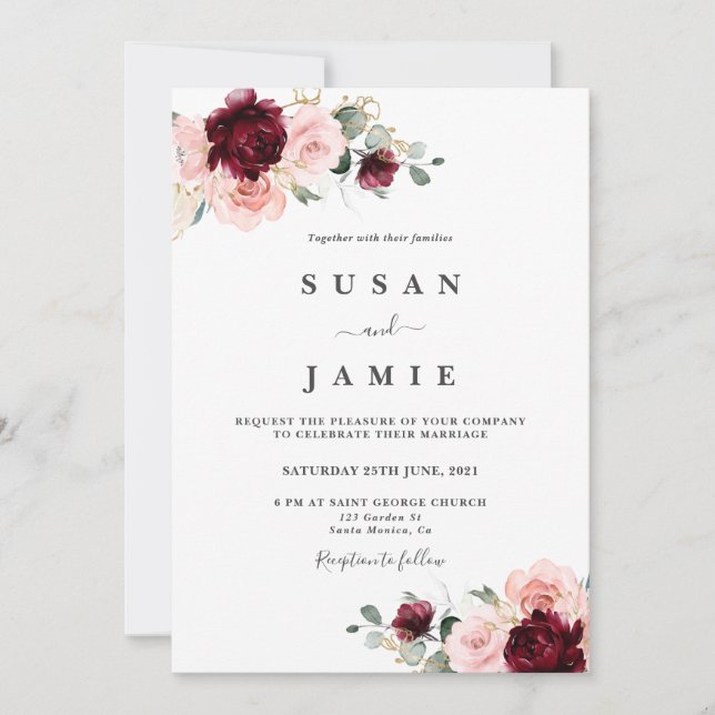 Invitación Borgoña y boda floral de acuarela rubia (Anverso)