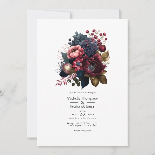 Invitación Borgoña y Boda floral de la Marina (Anverso)