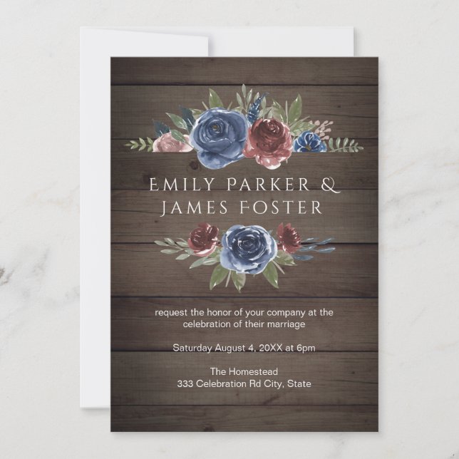 Invitación Borgoña y Boda floral de madera rústica de la Mari (Anverso)