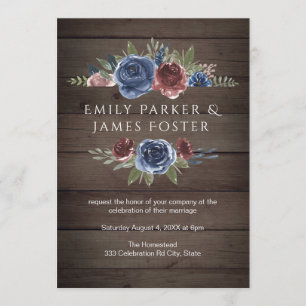 Invitación Borgoña y Boda floral de madera rústica de la Mari