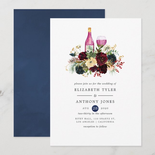 Invitación Borgoña y Boda floral de Navidades de vino de la m (Anverso / Reverso)