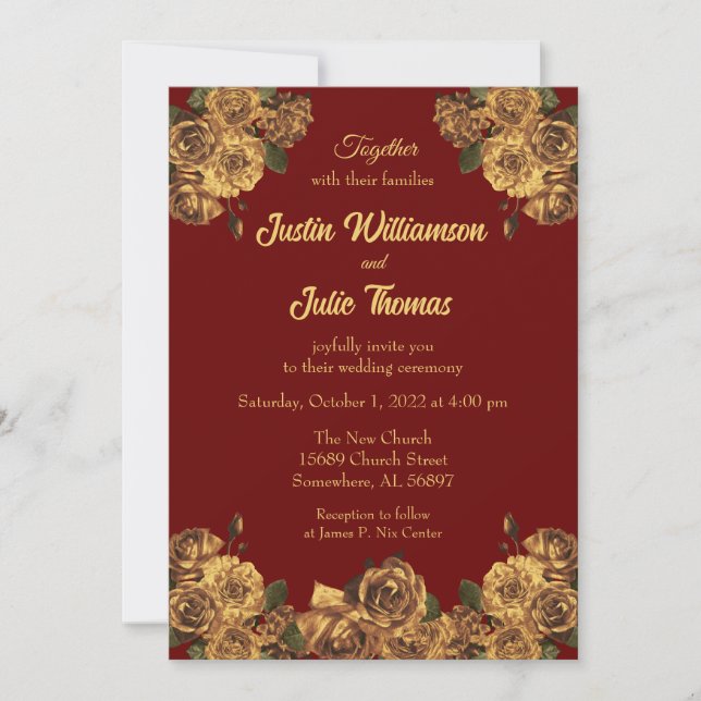 Invitación Borgoña y Boda floral de oro (Anverso)