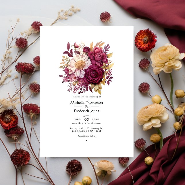 Invitación Borgoña y Boda floral de oro (Subido por el creador)