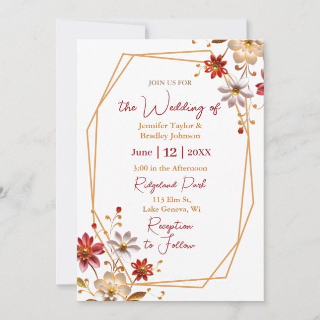 Invitación Borgoña y Boda floral de oro (Anverso)