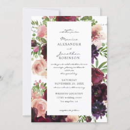 Invitación Borgoña y Boda floral de Rubor en blanco V2