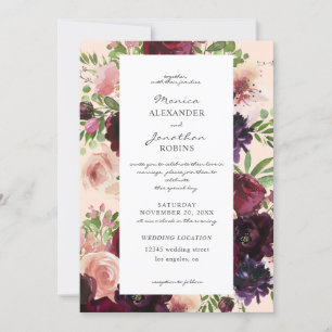 Invitación Borgoña y Boda floral de Rubor en rosa