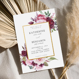 Invitación Borgoña y Boda floral elegante rosa