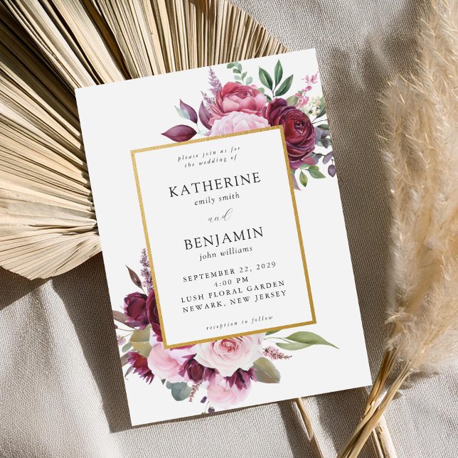 Invitación Borgoña y Boda floral elegante rosa (Subido por el creador)