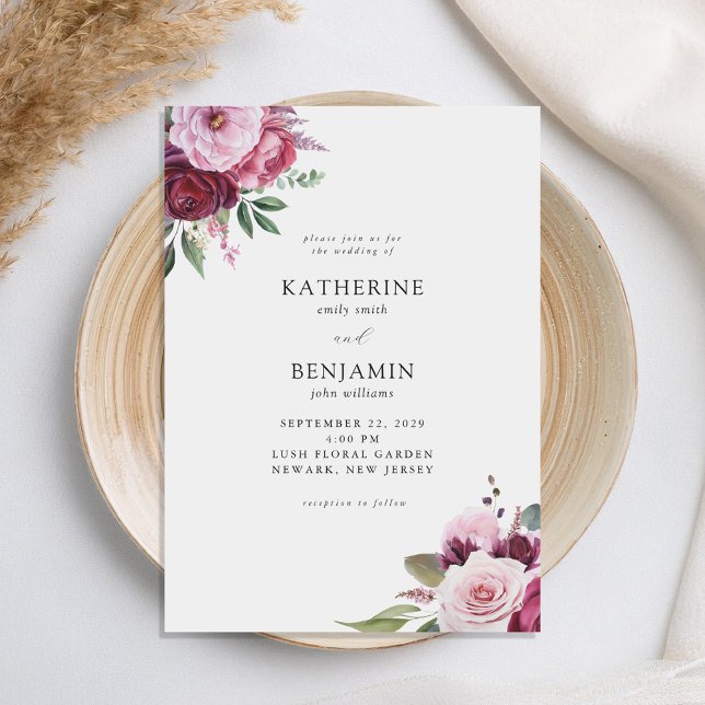 Invitación Borgoña y Boda floral elegante rosa (Subido por el creador)