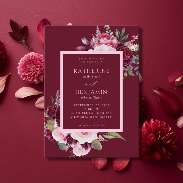 Invitación Borgoña y Boda floral elegante rosa (Subido por el creador)