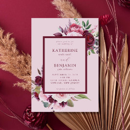 Invitación Borgoña y Boda floral elegante rosa