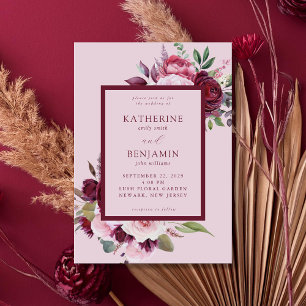 Invitación Borgoña y Boda floral elegante rosa