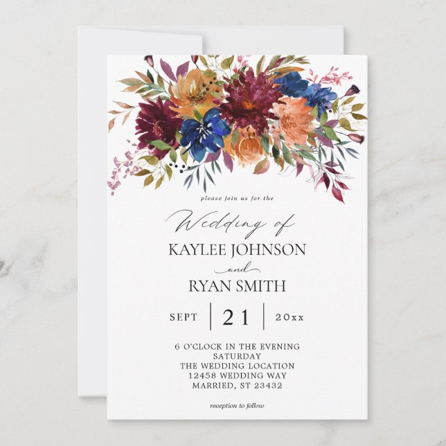 Invitación Borgoña y Boda floral otoño de la marina (Anverso)