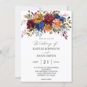 Invitación Borgoña y Boda floral otoño de la marina