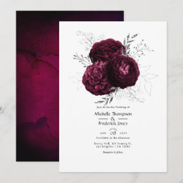 Invitación Borgoña y Boda floral plateado
