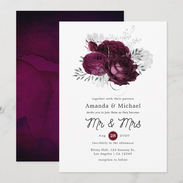 Invitación Borgoña y Boda floral plateado (Anverso / Reverso)