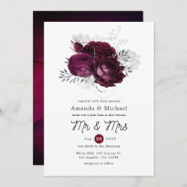 Invitación Borgoña y Boda floral plateado