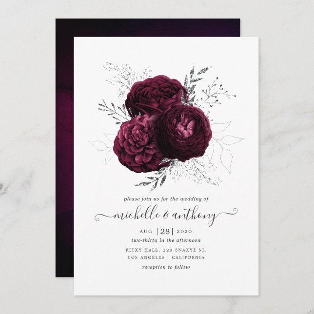Invitación Borgoña y Boda floral plateado (Anverso / Reverso)