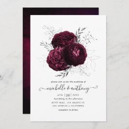 Invitación Borgoña y Boda floral plateado