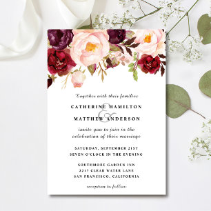 Invitación Borgoña y Boda floral rosa Rubor
