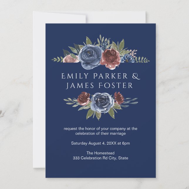Invitación Borgoña y Boda floral ruso de la Marina Azul de Ru (Anverso)