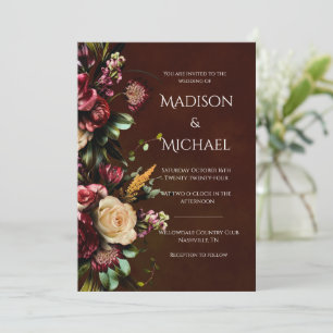 Invitación Borgoña y Boda floral verde