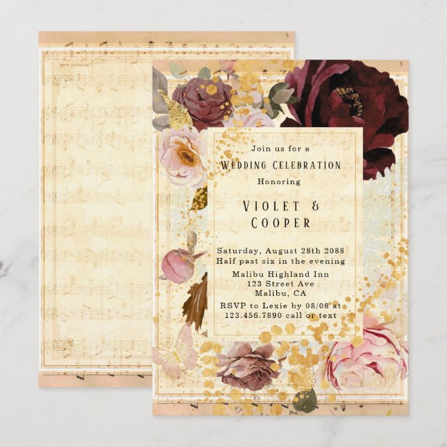 Invitación Borgoña y Boda musical floral rosa de Rubor (Anverso / Reverso)