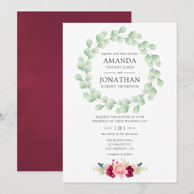 Invitación Borgoña y Boda Rubor Floral Eucalyptus (Anverso / Reverso)