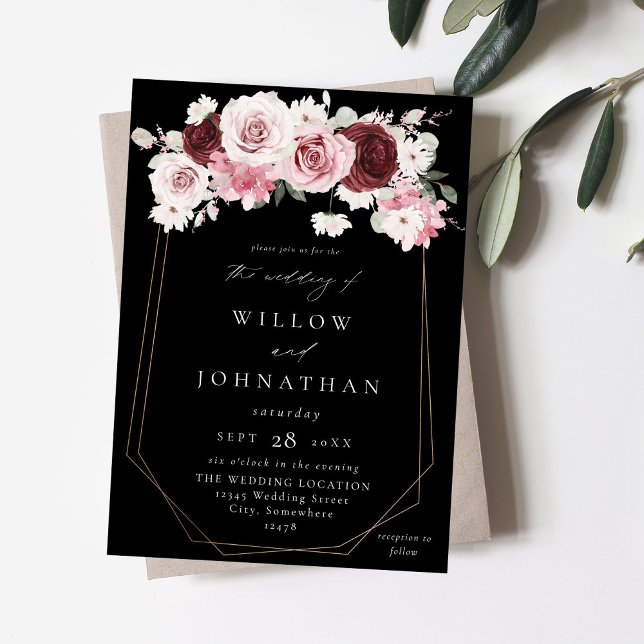 Invitación Borgoña y Boda Rubor Rosa 6 Ele Floral - Negro (Subido por el creador)