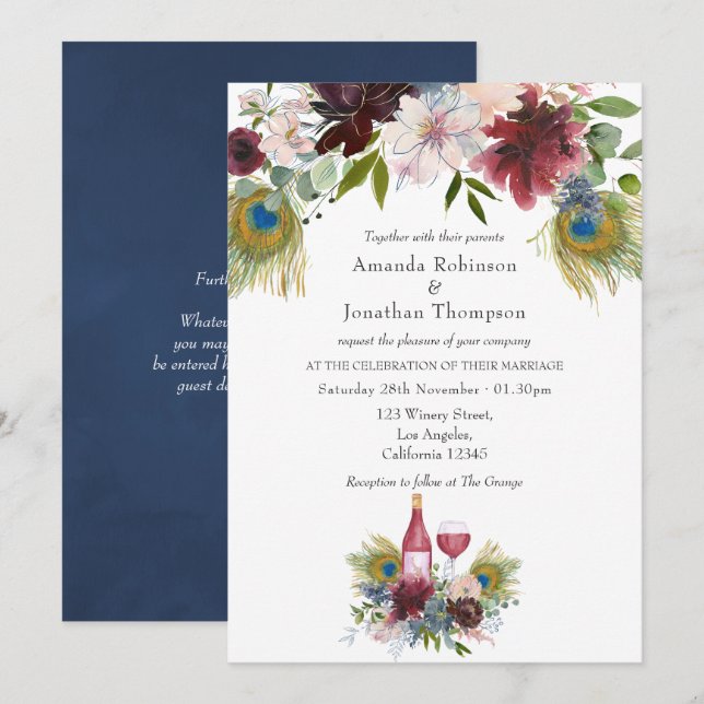 Invitación Borgoña y Boda temática del vino de pavo real de l (Anverso / Reverso)
