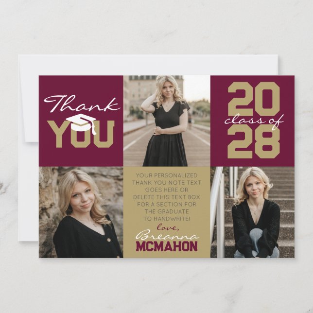 Invitación Borgoña y Bronce 3 Foto Graduada Gracias (Anverso)