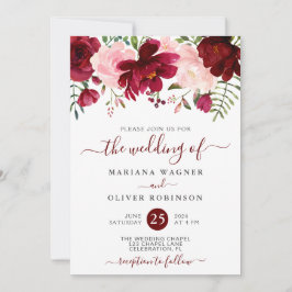 Invitación Borgoña y color de agua rosa Boda de flores Invita