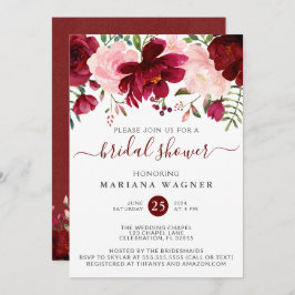 Invitación Borgoña y color de agua rosa Floral Bridal Shower