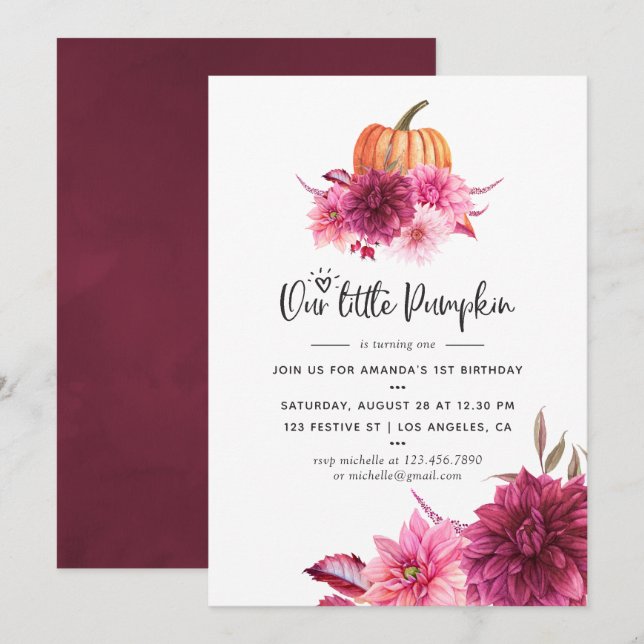 Invitación Borgoña y cumpleaños de la calabaza del otoño de R (Anverso / Reverso)