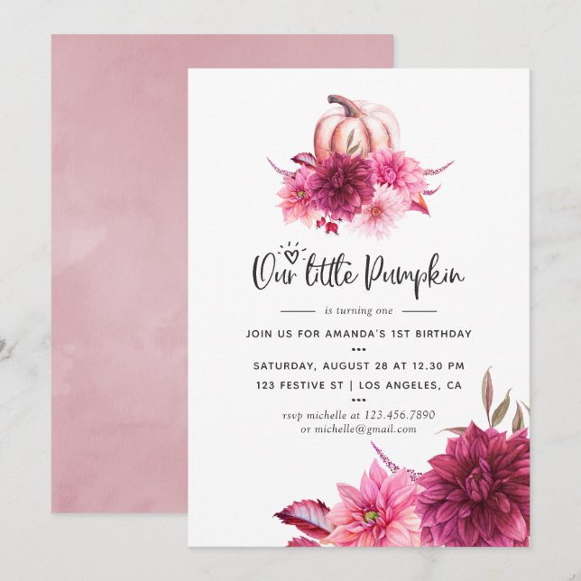 Invitación Borgoña y cumpleaños de la calabaza del otoño de R (Anverso / Reverso)