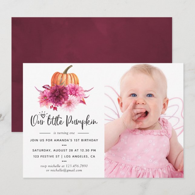 Invitación Borgoña y cumpleaños de la calabaza del otoño de R (Anverso / Reverso)