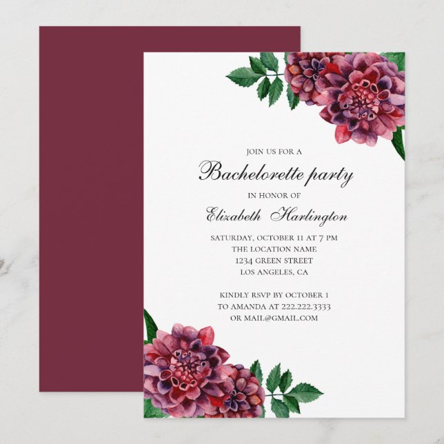 Invitación Borgoña y dahlia roja. Fiesta de soltería de flore (Anverso / Reverso)