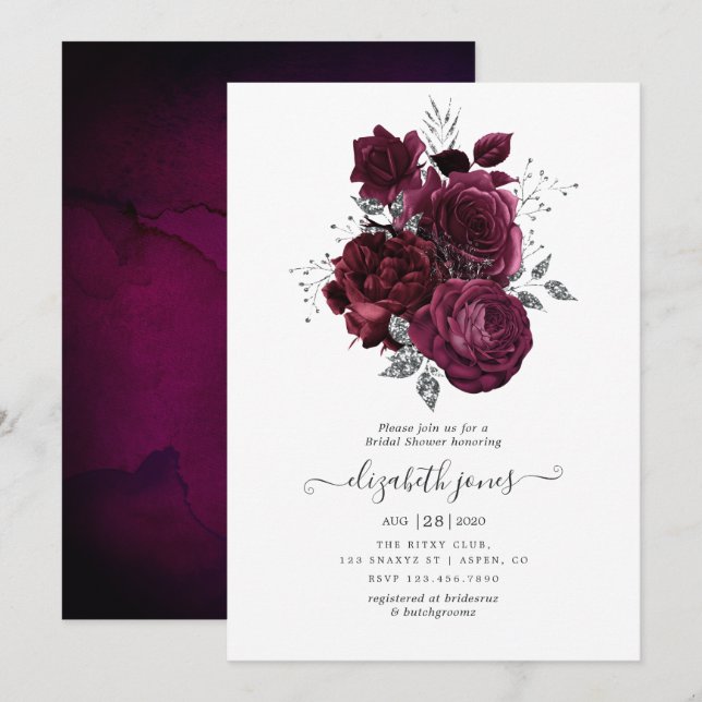 Invitación Borgoña y ducha de novia floral plateada (Anverso / Reverso)