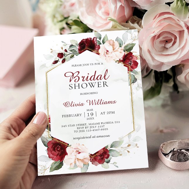 Invitación Borgoña y ducha de novia floral rosa Rubor (Subido por el creador)