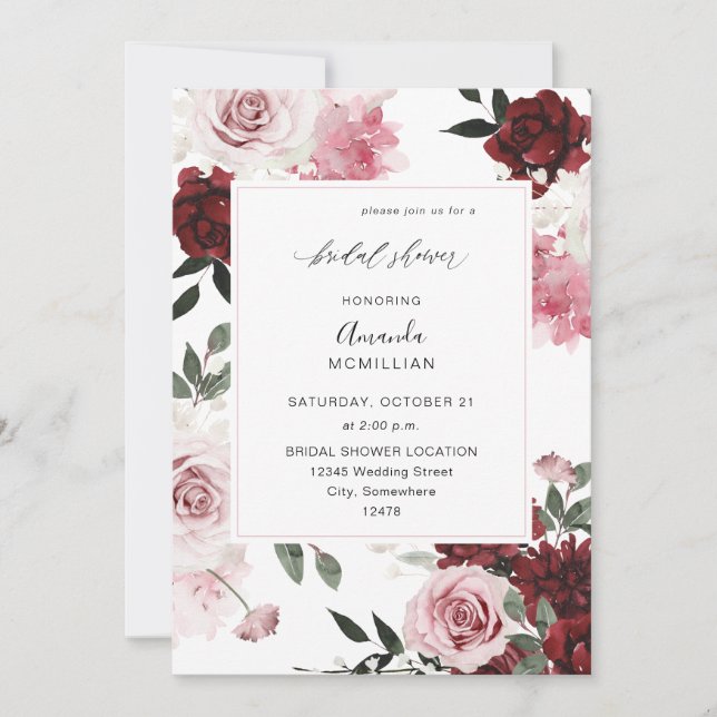 Invitación Borgoña y ducha de novia floral rosa Rubor 6 (Anverso)