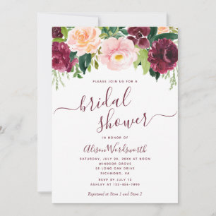 Invitación Borgoña y ducha de novia floral Rubor