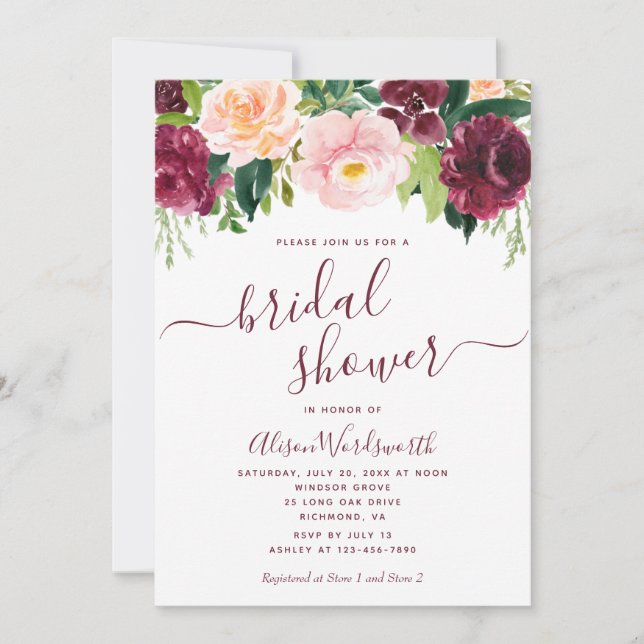 Invitación Borgoña y ducha de novia floral Rubor (Anverso)