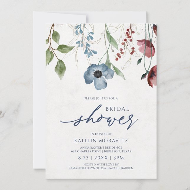 Invitación Borgoña y Dusty Blue Wildflower Bridal Shower (Anverso)