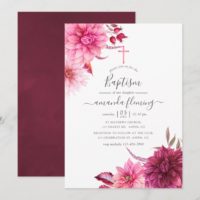 Invitación Borgoña y el bautismo floral otoño en Rubor (Anverso / Reverso)