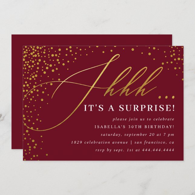 Invitación Borgoña y el oro Confetti Script Fiesta sorpresa (Anverso / Reverso)